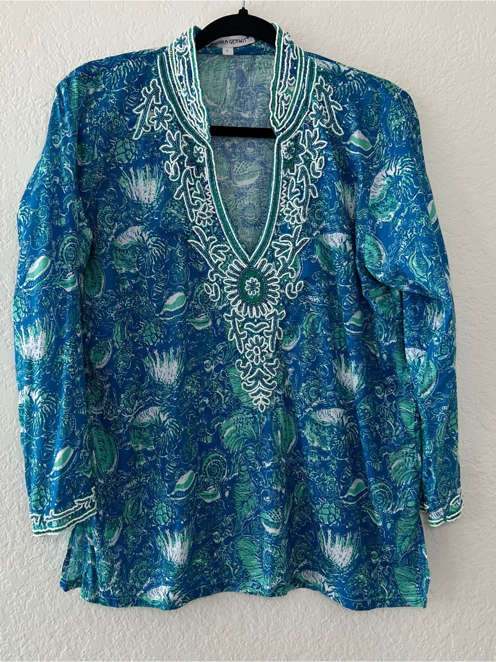 Barbara Gerwit Blue Sea Life Beaded Resort Wear Top Blouse Women’s Side Large